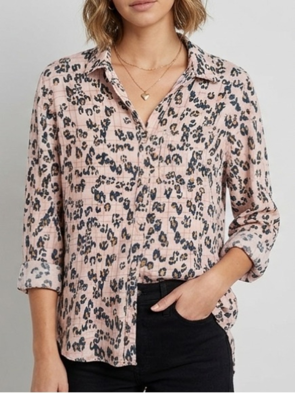 Velvet Heart light pink Abstract Animal Print/plaid stripe button down shirt
